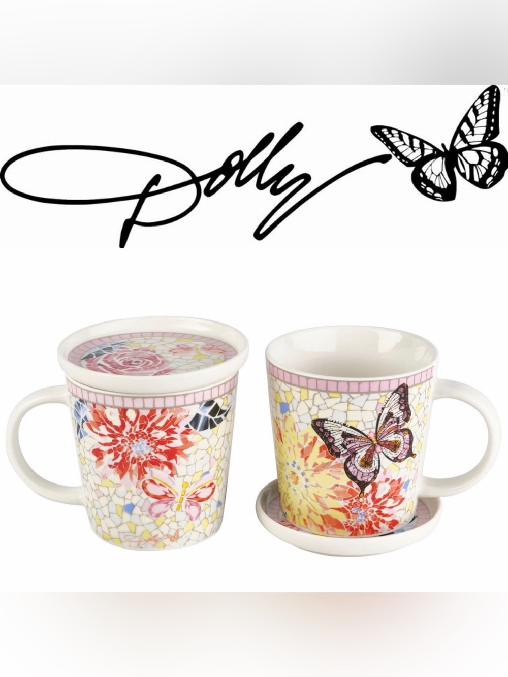 NEW DOLLY PARTON Floral Mosaic Pink Butterfly Tea Mug with Lid 15oz.